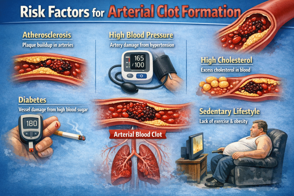 Several risk factors contribute to arterial clot